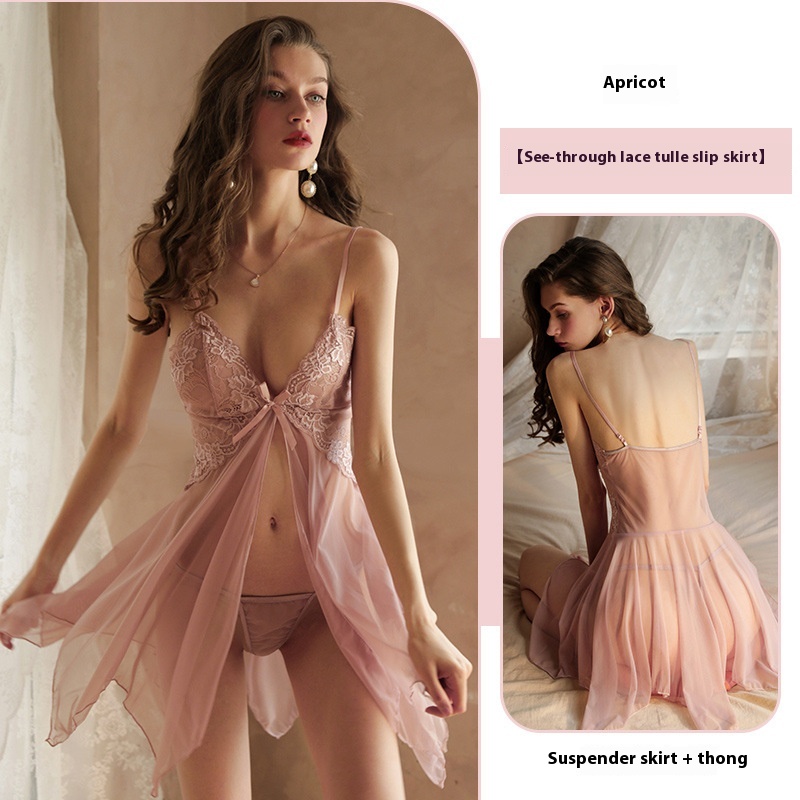 Women's Sleepwear Lace Transparent Suspender Apricot Pink - Shop at LoveMi