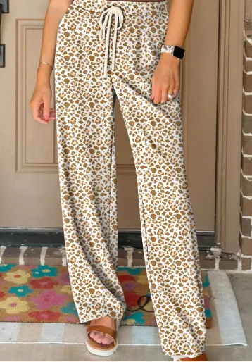 Brown Leopard Drawstring Elastic Waistband Loose Pants Khaki - Shop at LoveMi