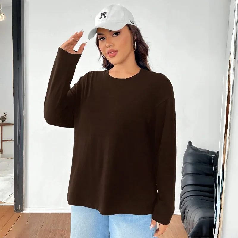 Women's Solid Color Loose Round Neck Top - Brown