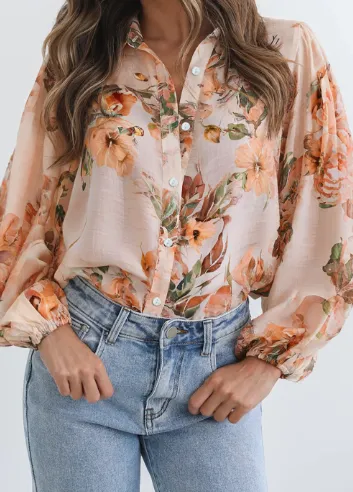 Brown Floral Puff Sleeve Lightweight Shirt Orange - Shop at LoveMi