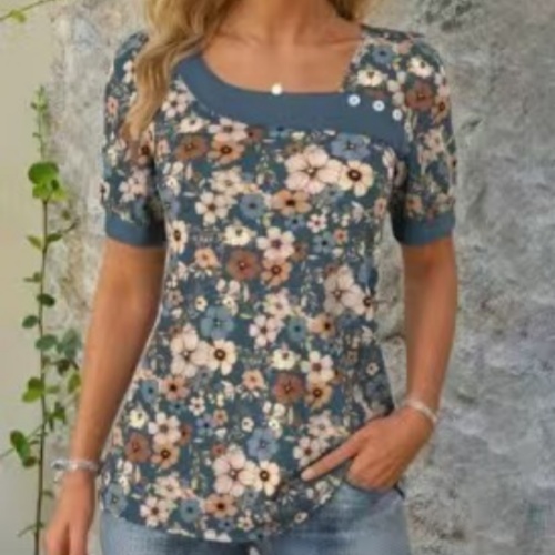 Summer New Floral Button T-shirt For Women Short Sleeve Round Neck Top