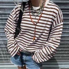 Women's Fashion Simple Knitting T-shirt Round Neck Top - Brown - View 1