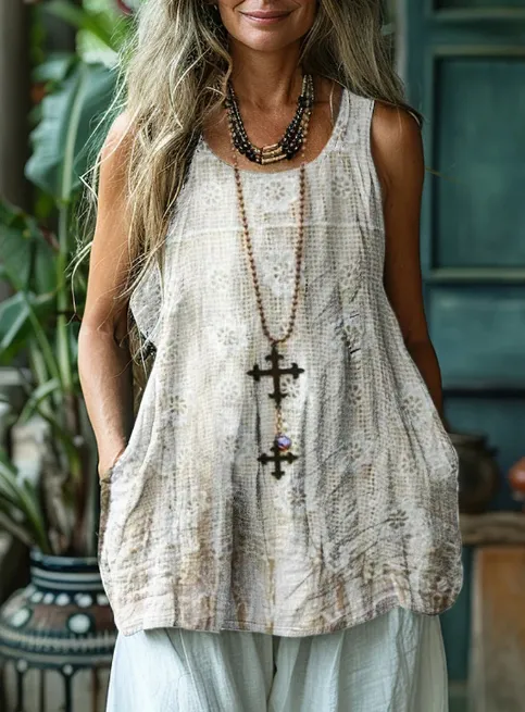 Women's Vintage Lace Art Linen Tank Top Beige - Shop at LoveMi