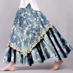 Vintage Floral Lace Patchwork Art Flowy Midi Skirt - Blue - View 1