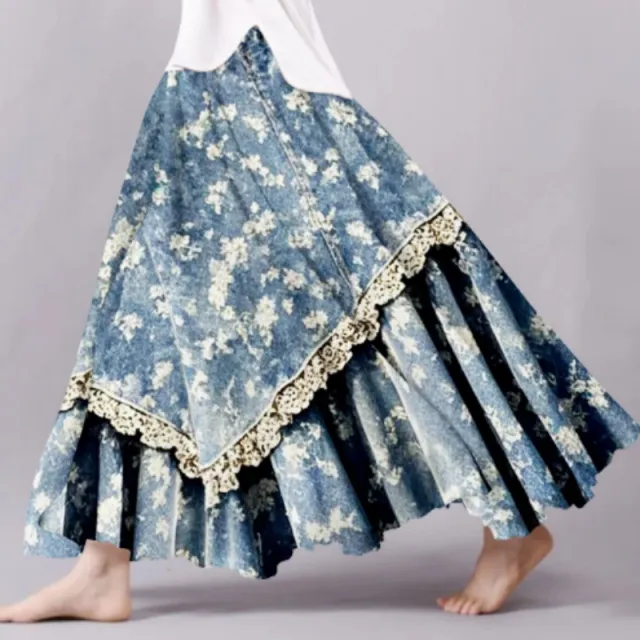 Vintage Floral Lace Patchwork Art Flowy Midi Skirt Blue - Shop at LoveMi