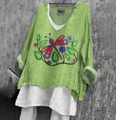 Women's Colorful Dragonfly Pattern Print Cotton Linen Shirt Green - Shop at LoveMi