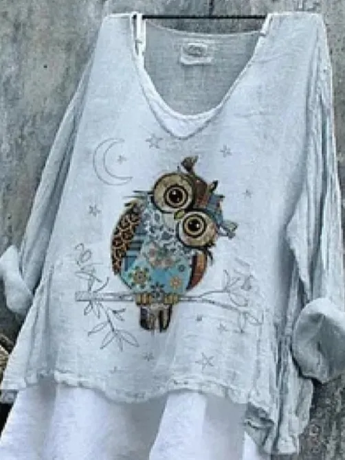 Women's Owl Print Casual Loose Fit Round Neck Short Sleeve Top - Shop at LoveMi