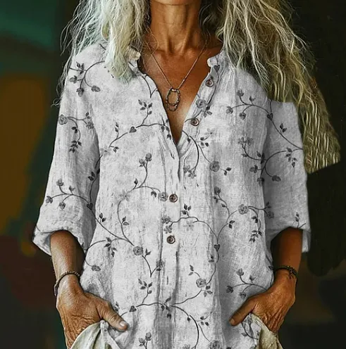 Women's Vintage Floral Art Print Cotton Linen Casual Shirt Light Grey - Shop at LoveMi
