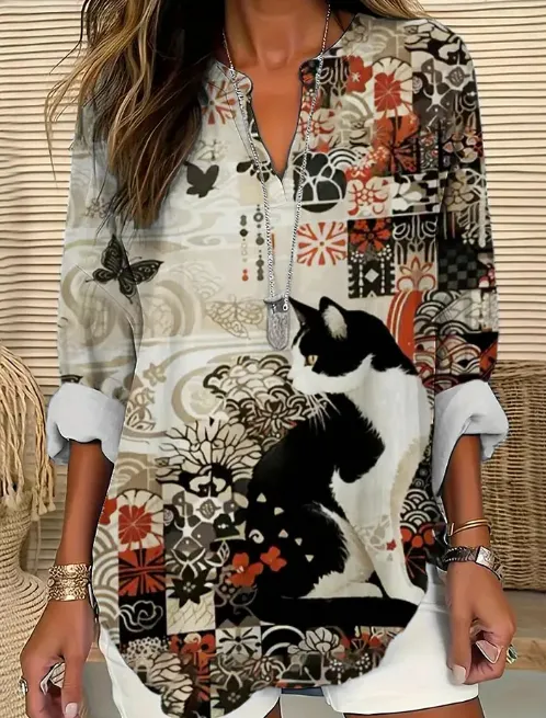 Women's Japanese Cat Pattern Floral Art Print Long Sleeve Shirt Beige - Shop at LoveMi