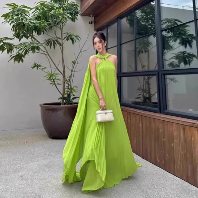 Women's Fashion Pleated Dress Holiday Beach Dress Green - Shop at LoveMi