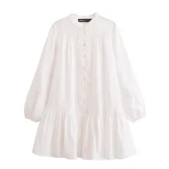 Lace Round-neck Long-sleeved Dress Ladies - White - View 1