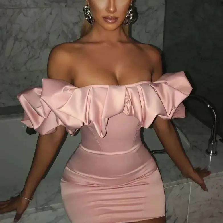 European And American Ruffled Tube Top Dress - Pink