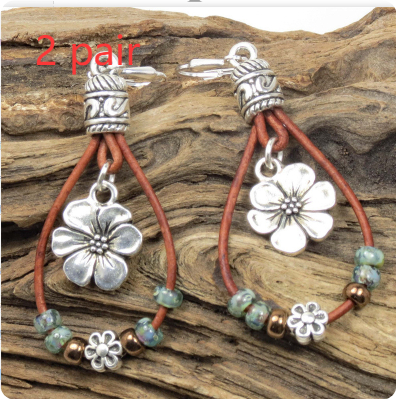 Bohemian Style Leather Rope Flower Beaded Earrings