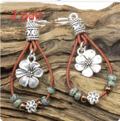 Bohemian Style Leather Rope Flower Beaded Earrings