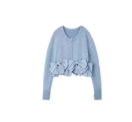 Women's Long-sleeved Sweater Bow Decoration Temperament Leisure Top - Blue
