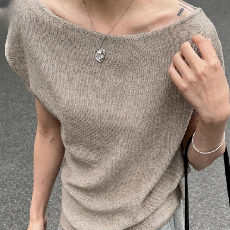 Wool Linen 3D Cutting One-word Shoulder Small Blouse Short Sleeve