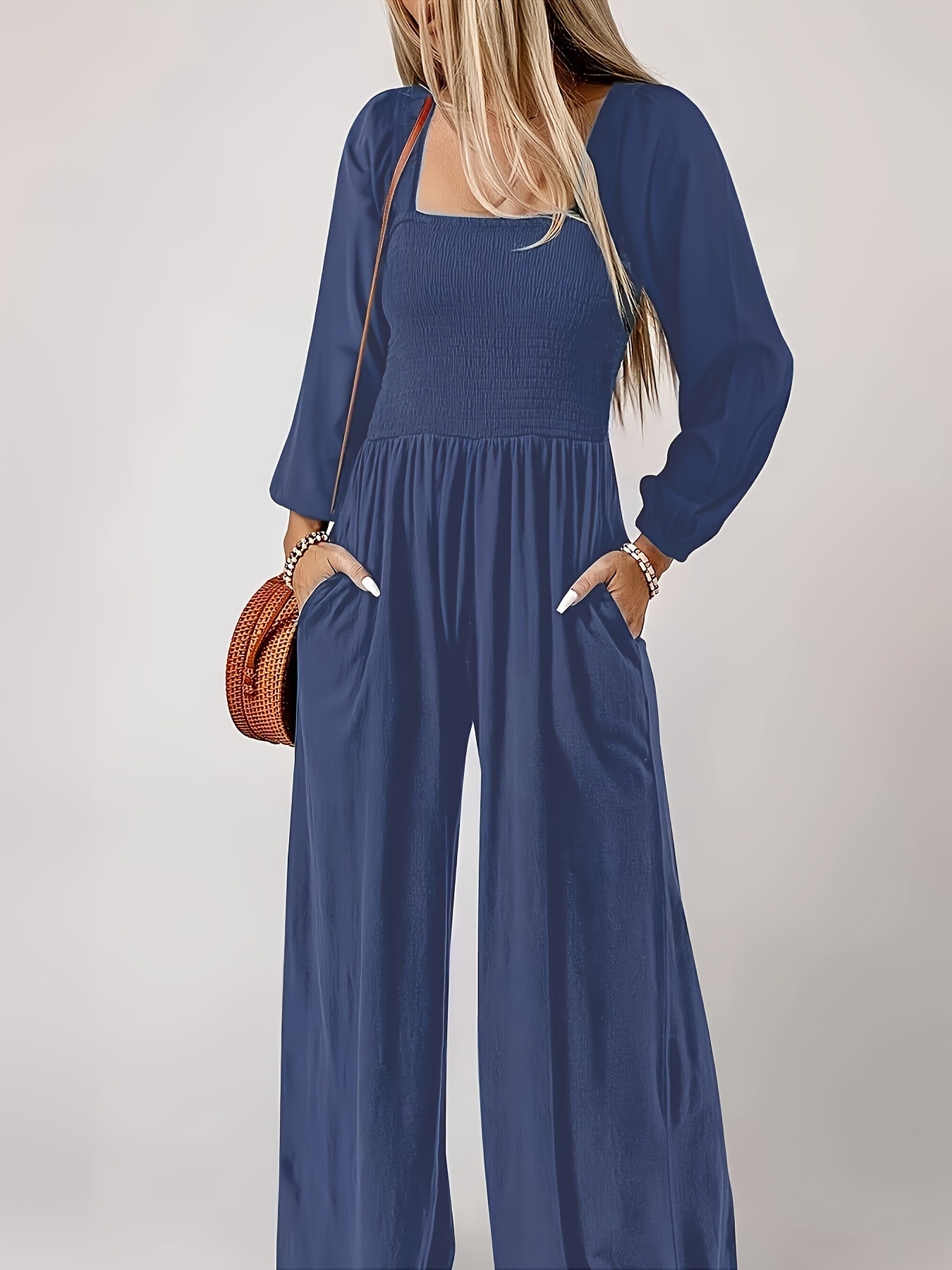 Dark Blue Elegant Women's Straight Pants Jumpsuit for Work