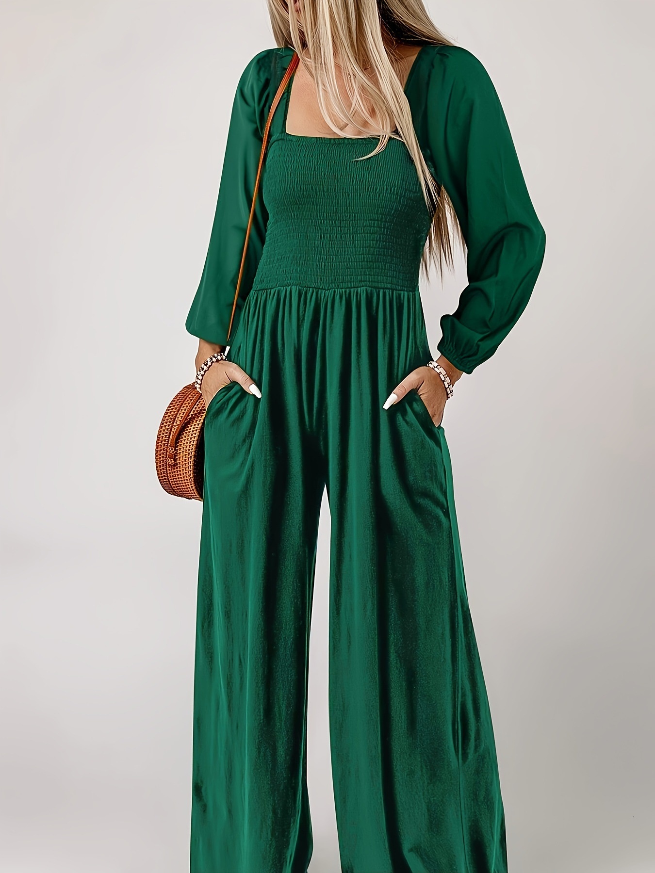Green Polyester Wide Leg Jumpsuit Temperament Commute Style