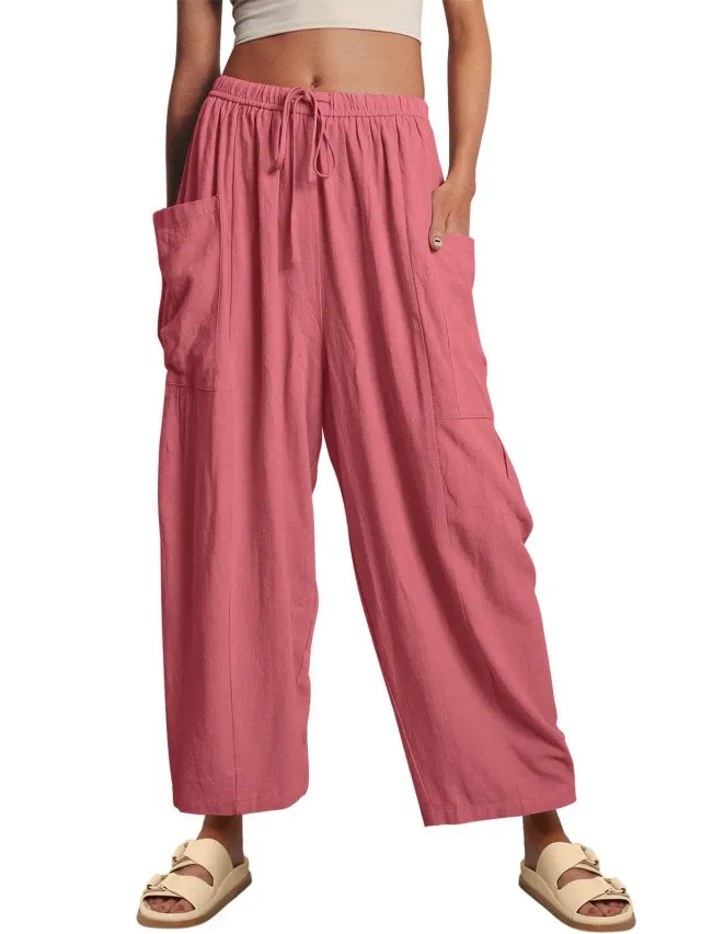 Stretched waist Pleated High waisted Wide leg Loose Casual Cotton And Linen Long Pants Pink - Shop at LoveMi