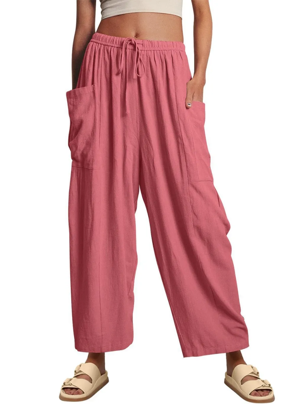 Stretched-waist Pleated High-waisted Wide-leg Loose Casual Cotton And Linen Long Pants - Pink