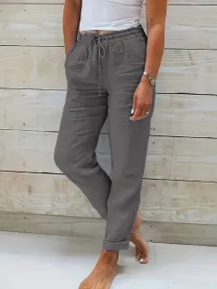 Cotton And Linen Women's High Waist Elastic Waist Solid Colour Cotton And Linen Casual Pants - Grey - View 1