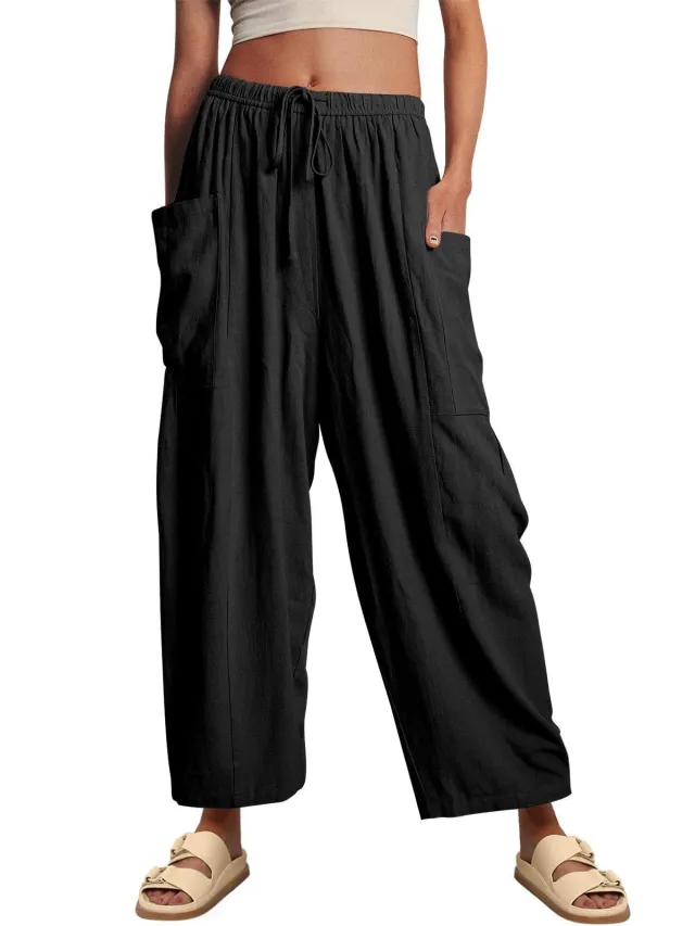 Stretched waist Pleated High waisted Wide leg Loose Casual Cotton And Linen Long Pants Black - Shop at LoveMi