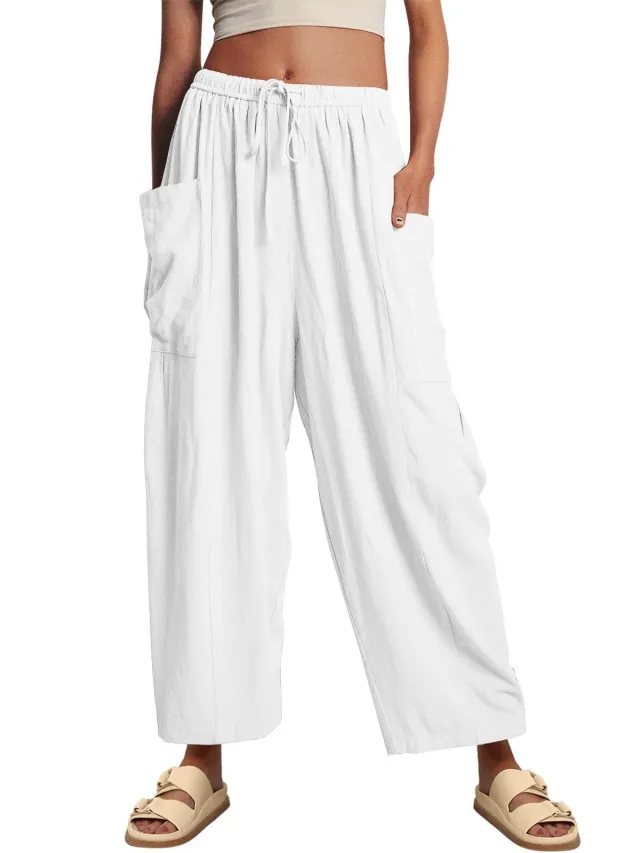 Stretched waist Pleated High waisted Wide leg Loose Casual Cotton And Linen Long Pants White - Shop at LoveMi