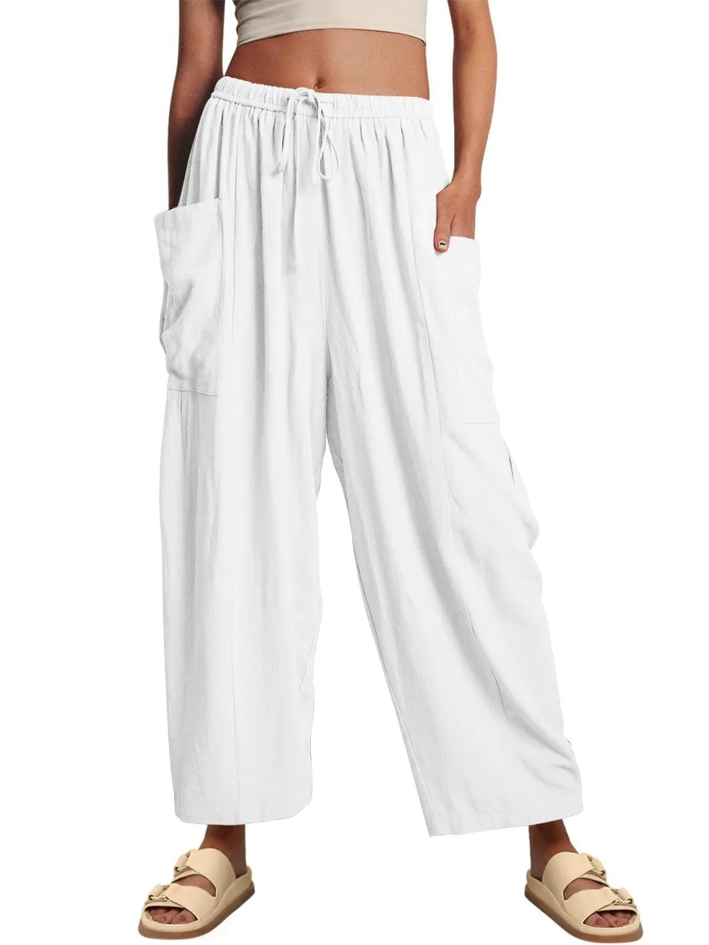 Stretched-waist Pleated High-waisted Wide-leg Loose Casual Cotton And Linen Long Pants - White