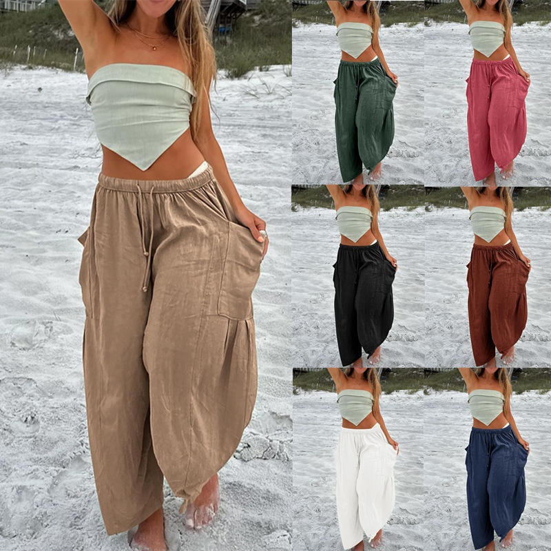 Stretched-waist Pleated High-waisted Wide-leg Loose Casual Cotton And Linen Long Pants