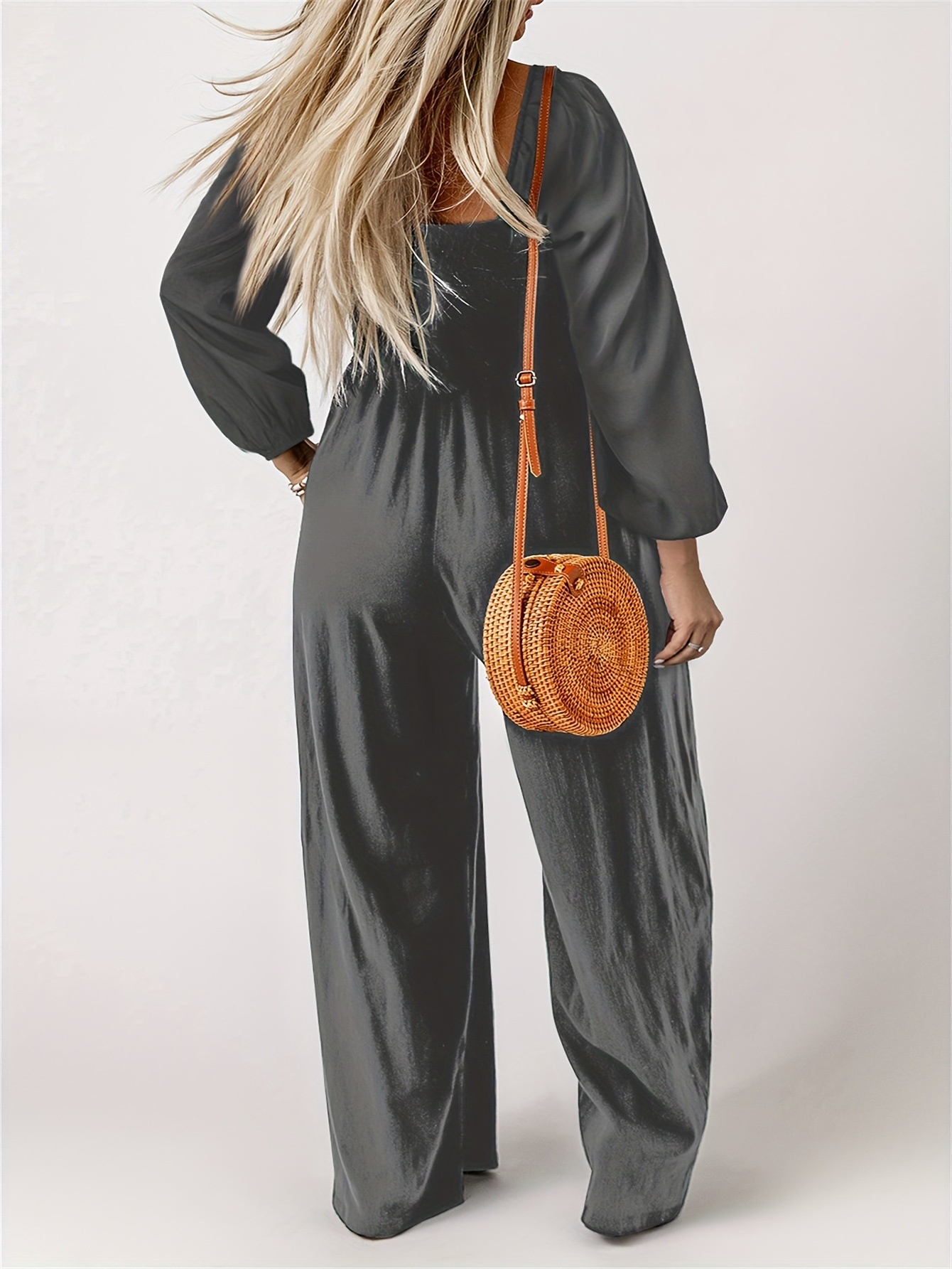Women's Wide Leg Jumpsuit in Gray with Straight Pants and Pockets