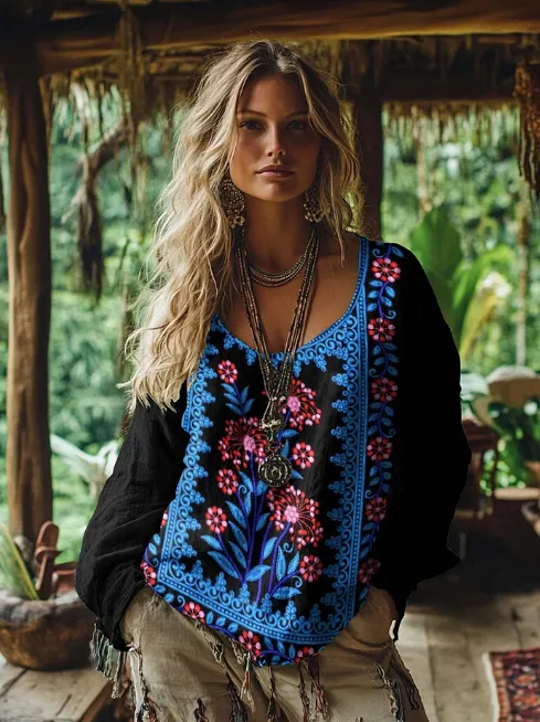 Women's Vintage Ethnic Floral Print Linen Long Sleeve Blouses Blue - Shop at LoveMi