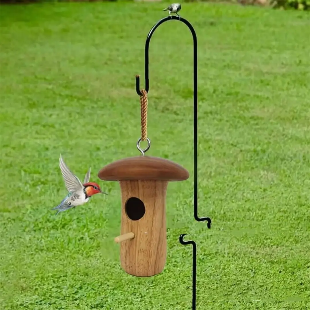 Wooden Bee Mushroom Shape Hummingbird Feeder Pendant