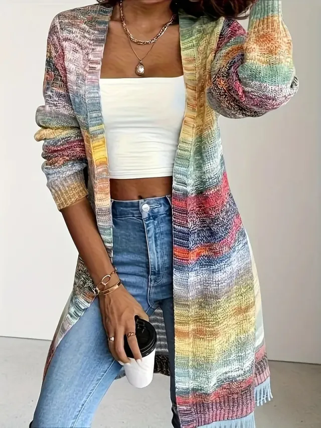 Ladies' Soft Acrylic Gradient Color Block Cardigan Design - Shop at LoveMi