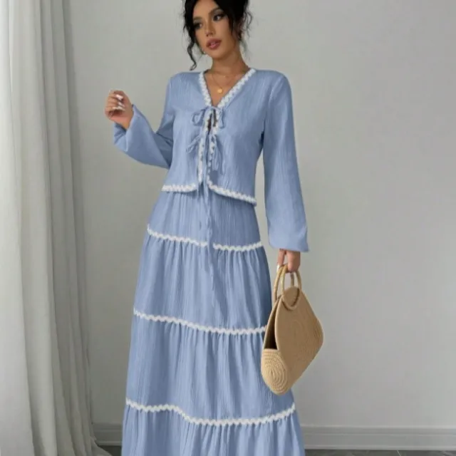 Lace Layered Pleated Lantern Sleeve Bow Shirt And Skirt Suit Women Blue - Shop at LoveMi