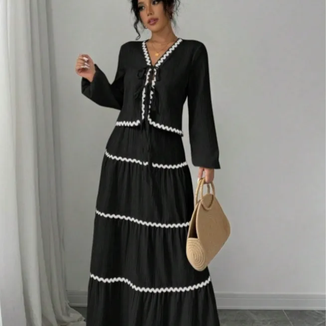 Lace Layered Pleated Lantern Sleeve Bow Shirt And Skirt Suit Women - Black