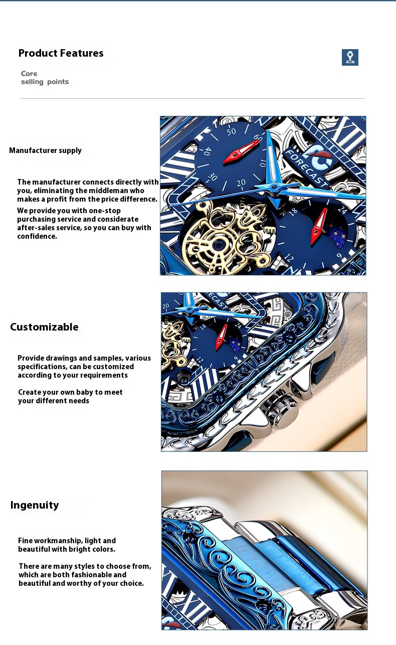 Retro Square Carved Multifunctional wrist watch for Men