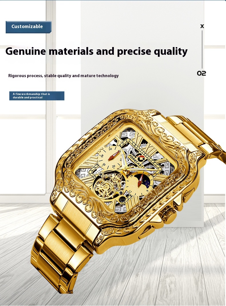 Retro Square Carved Multifunctional wrist watch for Men