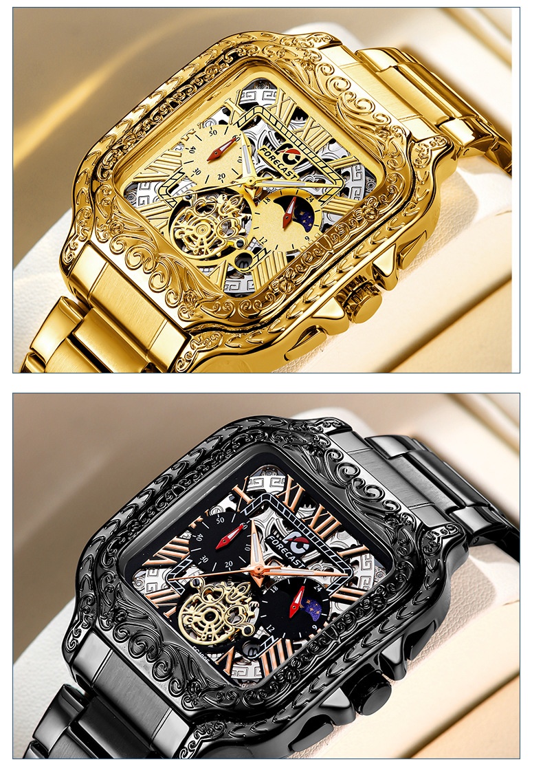 Retro Square Carved Multifunctional wrist watch for Men