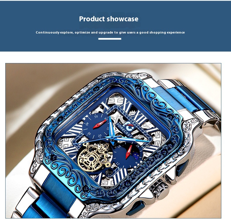 Retro Square Carved Multifunctional wrist watch for Men