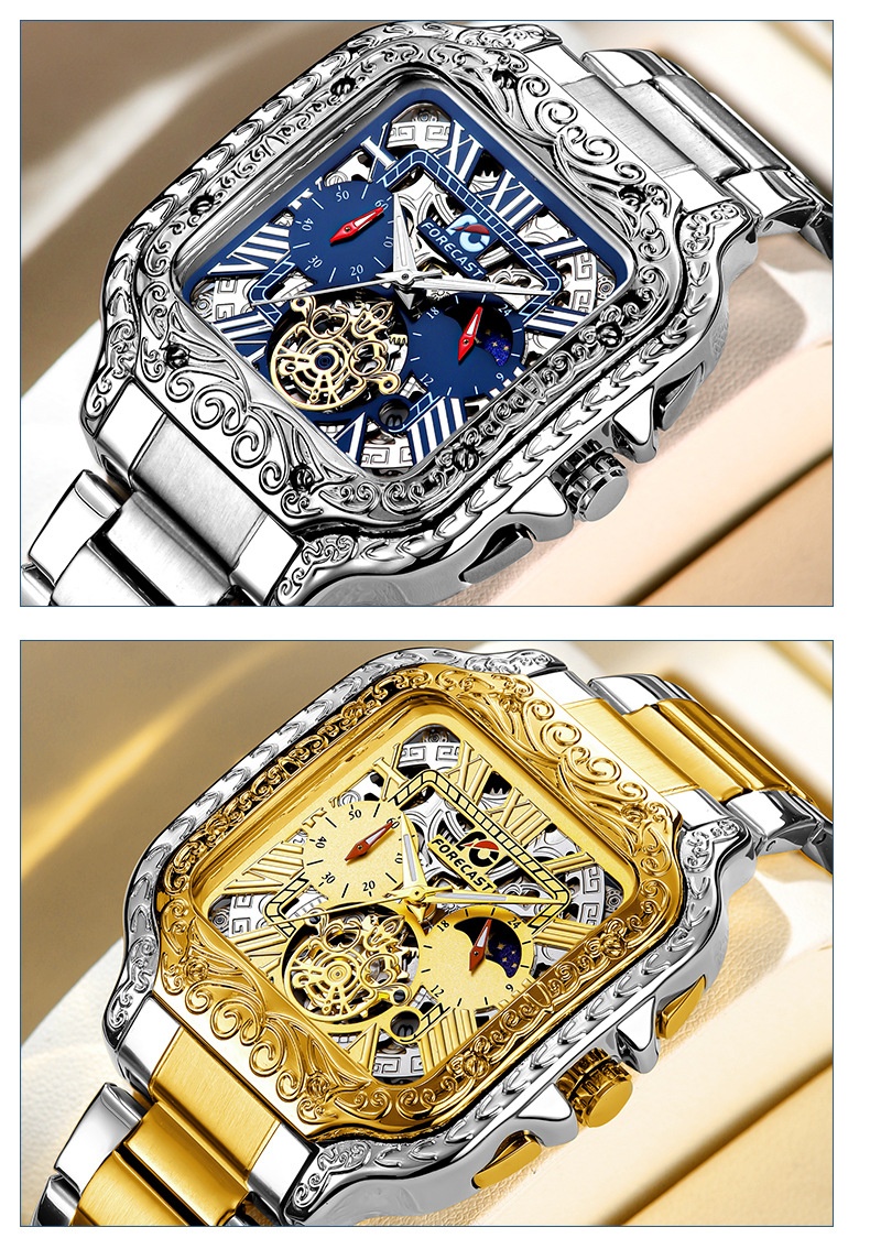 Retro Square Carved Multifunctional wrist watch for Men