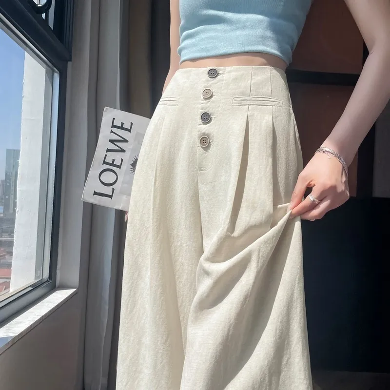 Women's Cotton And Linen Wide-leg Pants Loose Drooping Casual Straight Pants - Raw Jute Color-M