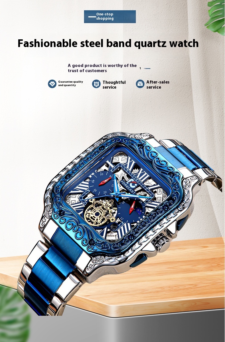 Retro Square Carved Multifunctional wrist watch for Men
