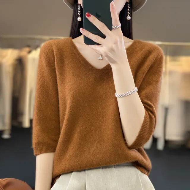 Front Line Ready made Garments Worsted Sweater Half Sleeve Round Neck Pure Color All matching Loose T shirt Caramel Color - Shop at LoveMi