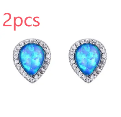 Women's Simple Drop Shape Blue Opal Stud Earrings