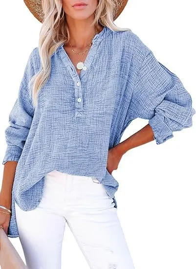 Women's Fashion Loose Casual Solid Color Pleated Sweater Blue - Shop at LoveMi