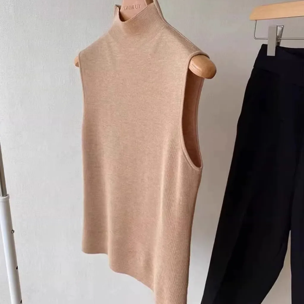 Versatile Half-high Collar Knitted Vest Camisole Women's Top - Golden Camel