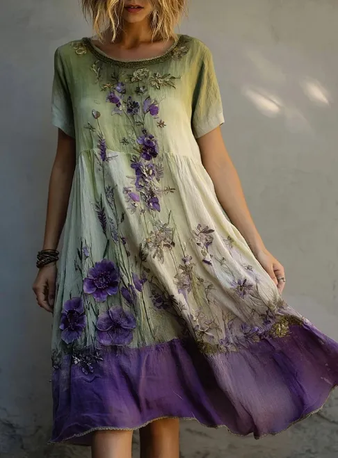Purple Floral Print Gradient Flowy Linen Midi Dress Green - Shop at LoveMi