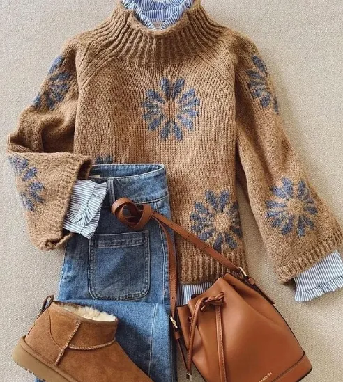 Women's Retro Brown Mock Neck Long Sleeve Sweater Brown - Shop at LoveMi