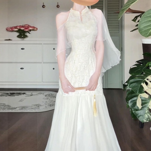 New Temperament Jacquard Sleeveless Halter Dress Apricot Cheongsam Dress - Shop at LoveMi