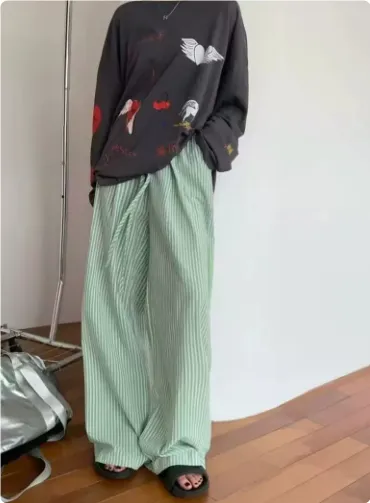 Blue Striped Casual Pants Women's Loose High Waist Green - Shop at LoveMi